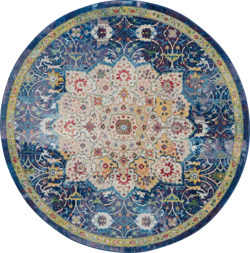 4' Navy Blue and Gold Medallion Distressed Non Skid Round Rug Photo 2