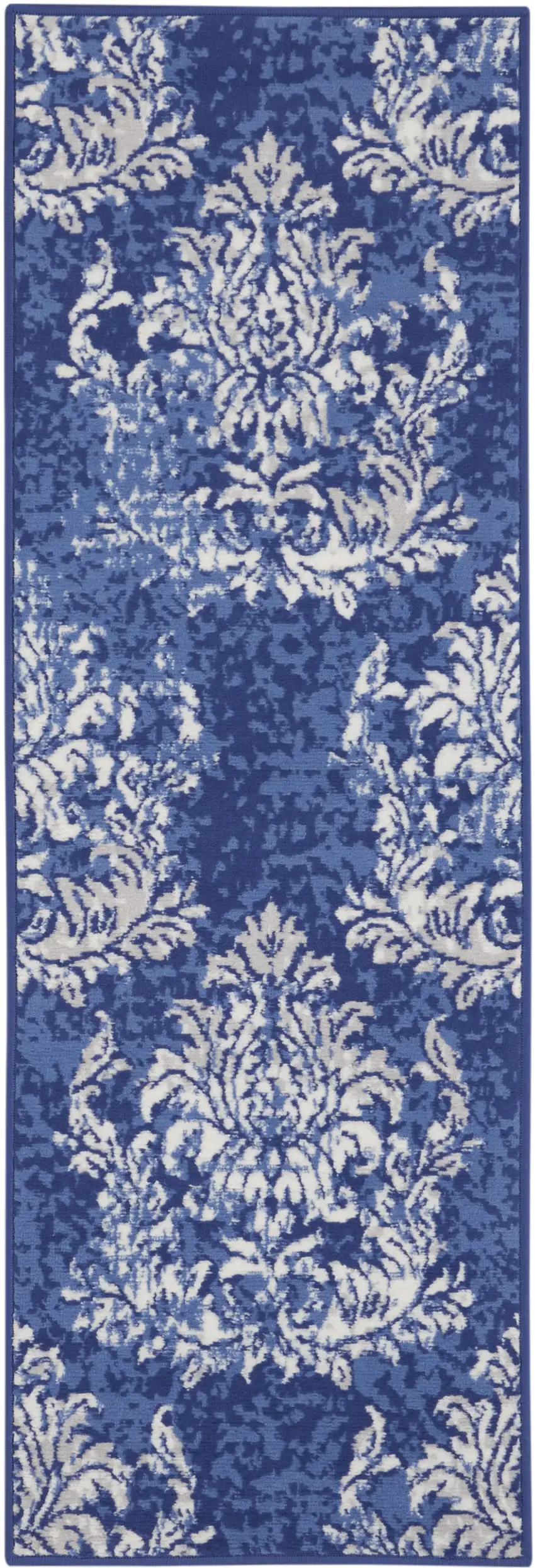 8' Navy Blue and Ivory Damask Distressed Non Skid Runner Rug Photo 2