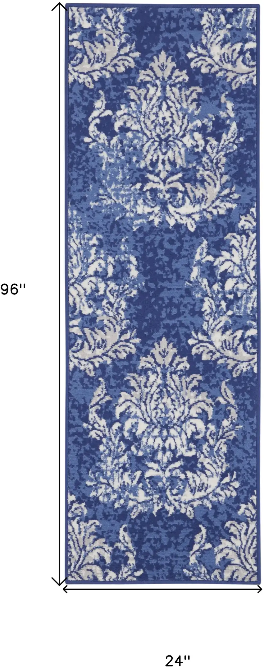 8' Navy Blue and Ivory Damask Distressed Non Skid Runner Rug Photo 3