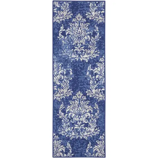 8' Navy Blue and Ivory Damask Distressed Non Skid Runner Rug Photo 8