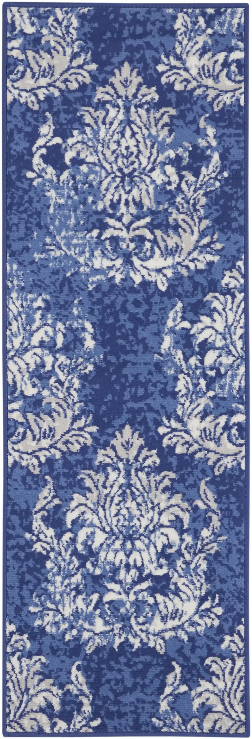 8' Navy Blue and Ivory Damask Distressed Non Skid Runner Rug Photo 8