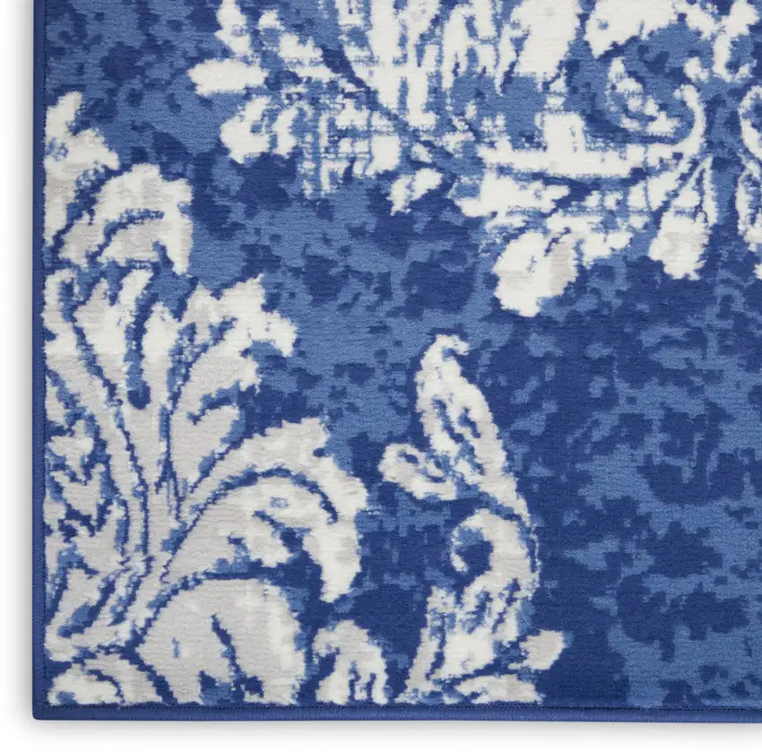 8' Navy Blue and Ivory Damask Distressed Non Skid Runner Rug Photo 7