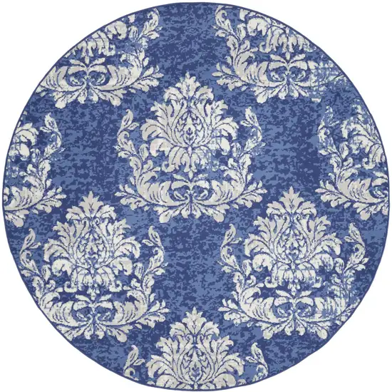 8' Navy Blue and Ivory Damask Distressed Round Rug Photo 4