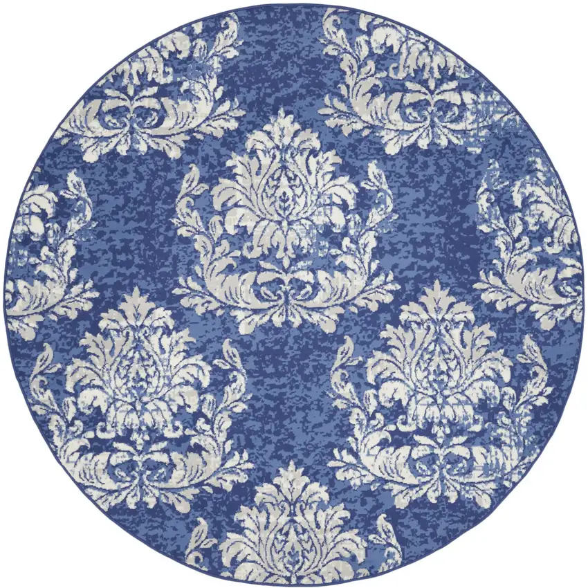 8' Navy Blue and Ivory Damask Distressed Round Rug Photo 4