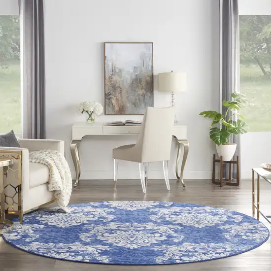8' Navy Blue and Ivory Damask Distressed Round Rug Photo 6