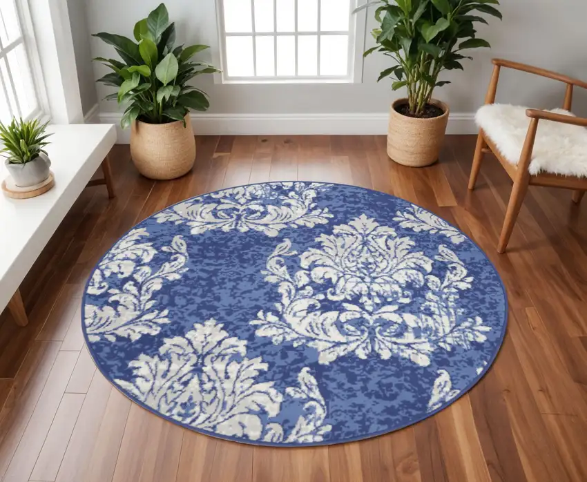 8' Navy Blue and Ivory Damask Distressed Round Rug Photo 1