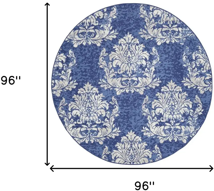 8' Navy Blue and Ivory Damask Distressed Round Rug Photo 3