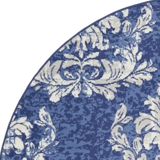 8' Navy Blue and Ivory Damask Distressed Round Rug Photo 3