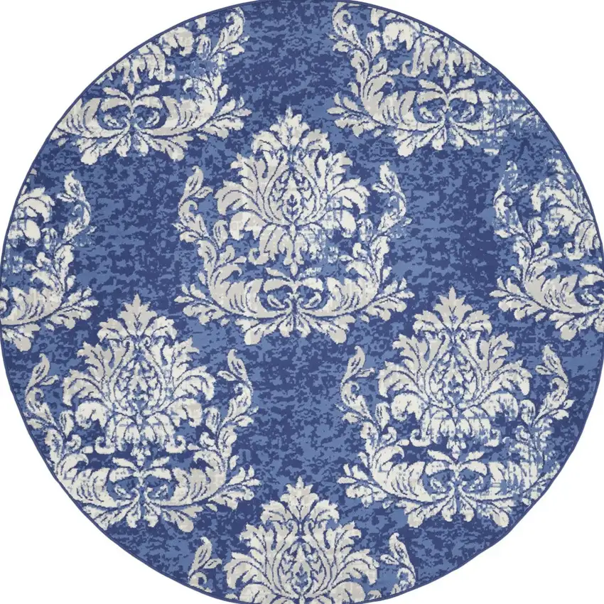8' Navy Blue and Ivory Damask Distressed Round Rug Photo 5