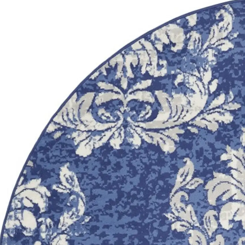 8' Navy Blue and Ivory Damask Distressed Round Rug Photo 7