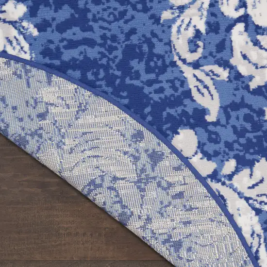 5' Navy Blue and Ivory Damask Distressed Round Rug Photo 9