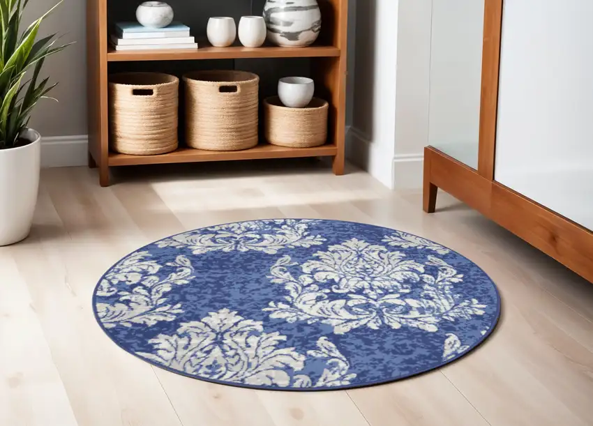 5' Navy Blue and Ivory Damask Distressed Round Rug Photo 1