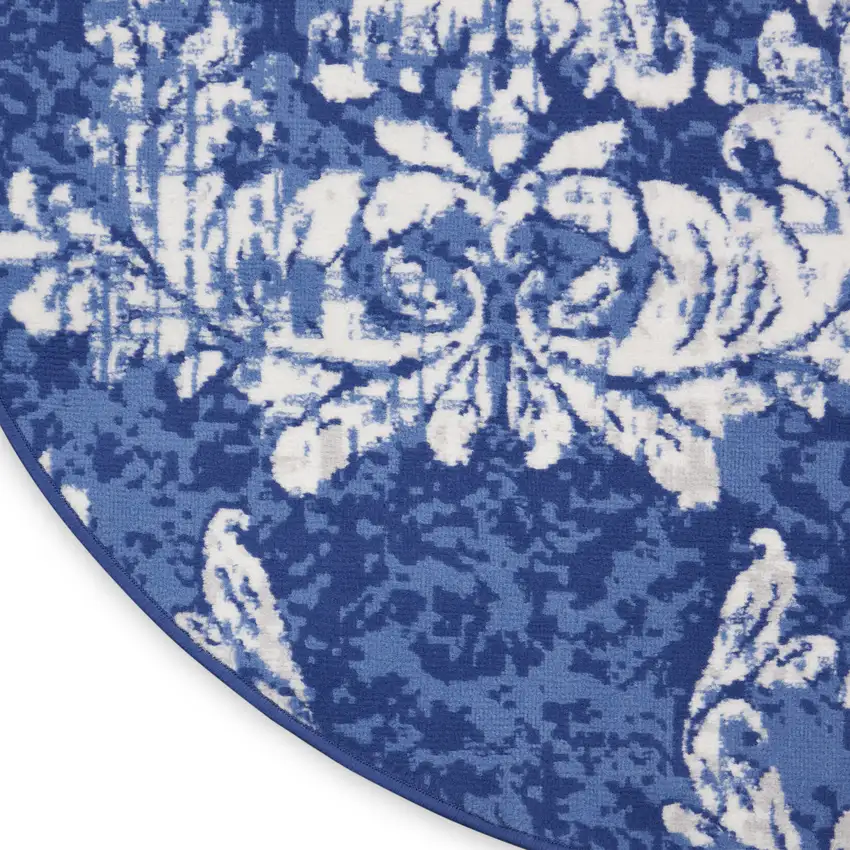 5' Navy Blue and Ivory Damask Distressed Round Rug Photo 9