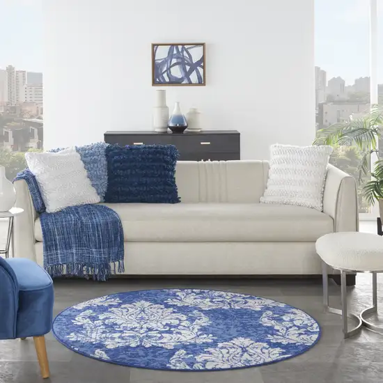 5' Navy Blue and Ivory Damask Distressed Round Rug Photo 6