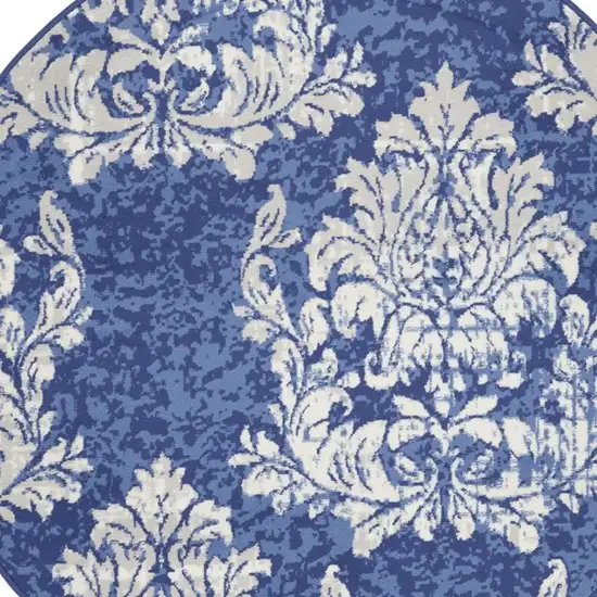 5' Navy Blue and Ivory Damask Distressed Round Rug Photo 3