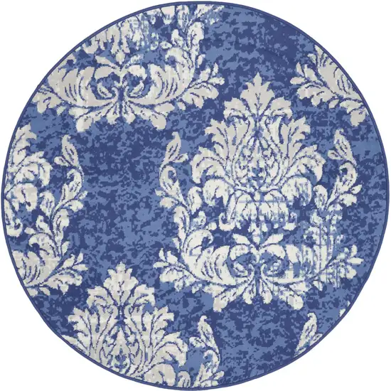 5' Navy Blue and Ivory Damask Distressed Round Rug Photo 4