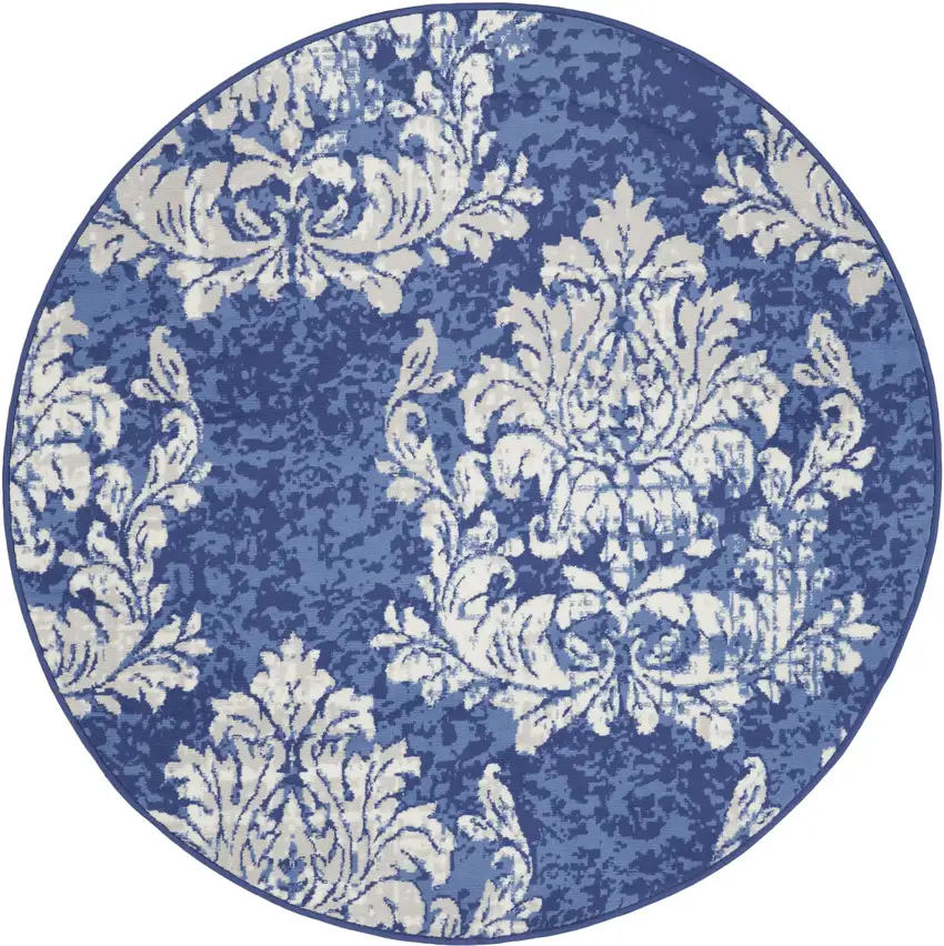 5' Navy Blue and Ivory Damask Distressed Round Rug Photo 4