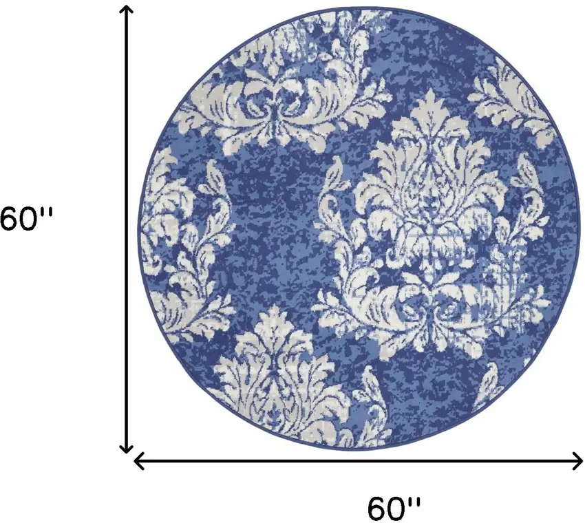 5' Navy Blue and Ivory Damask Distressed Round Rug Photo 3