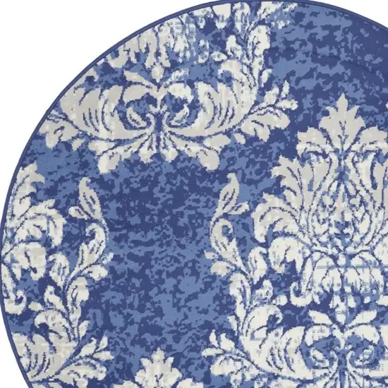 5' Navy Blue and Ivory Damask Distressed Round Rug Photo 7
