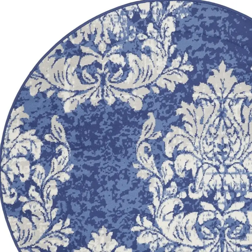 5' Navy Blue and Ivory Damask Distressed Round Rug Photo 7