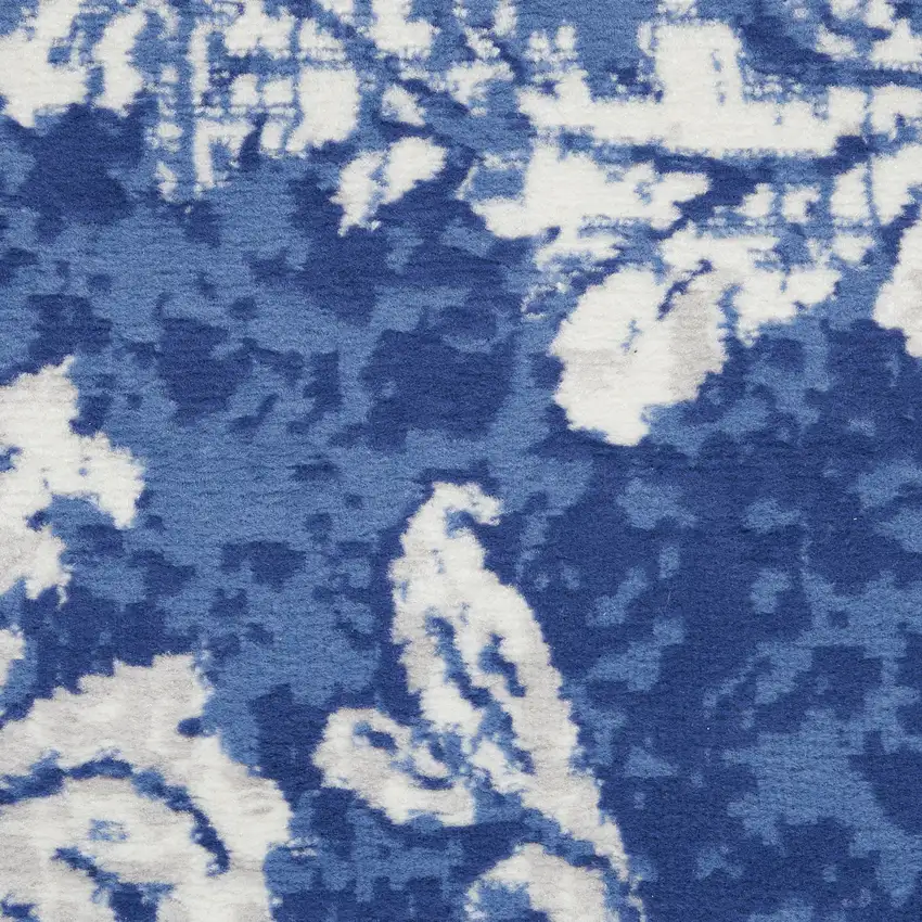 5' Navy Blue and Ivory Damask Distressed Round Rug Photo 9