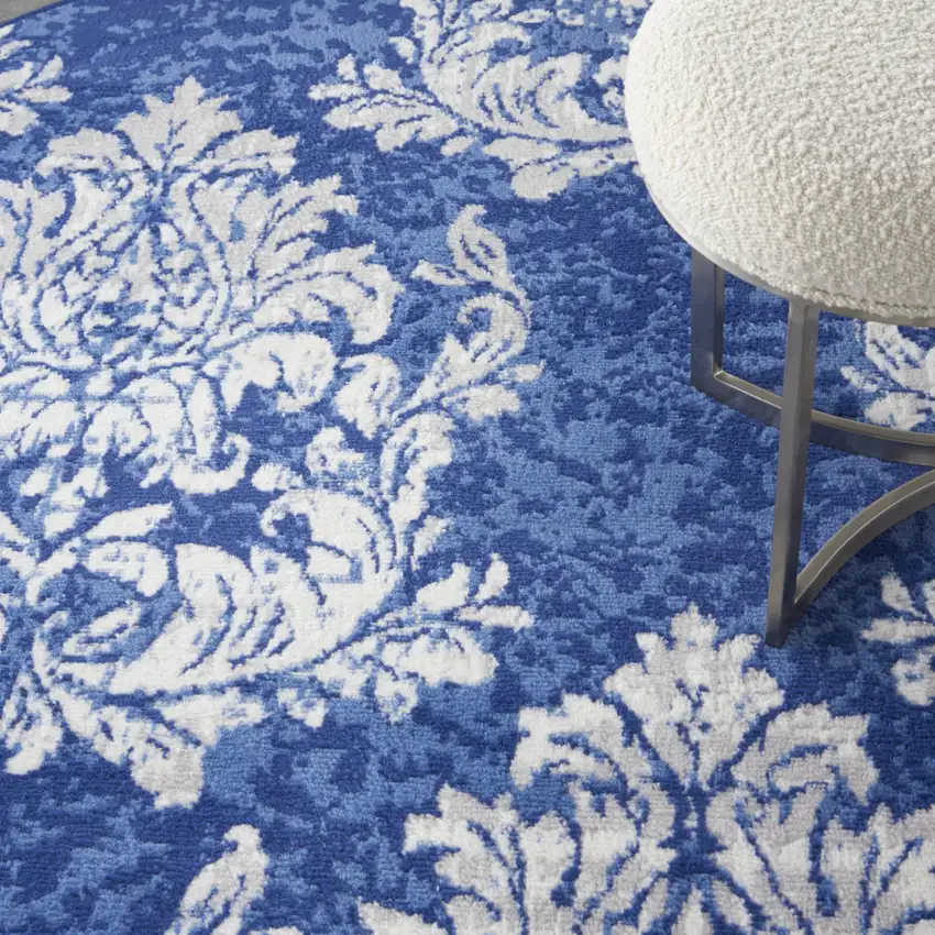 5' Navy Blue and Ivory Damask Distressed Round Rug Photo 8