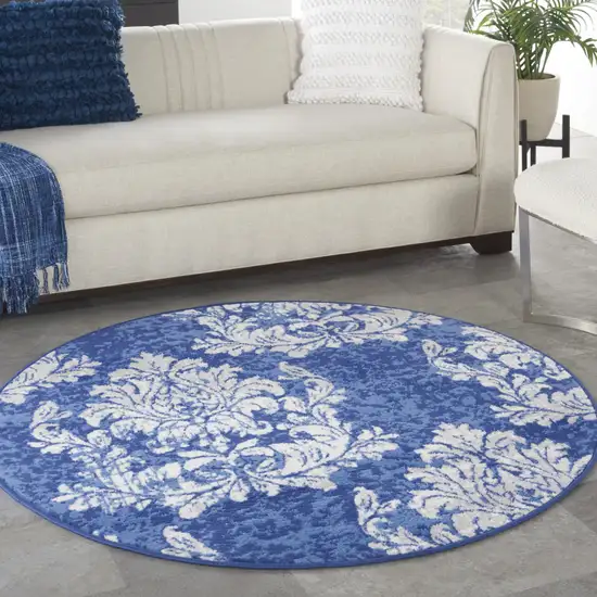 5' Navy Blue and Ivory Damask Distressed Round Rug Photo 5