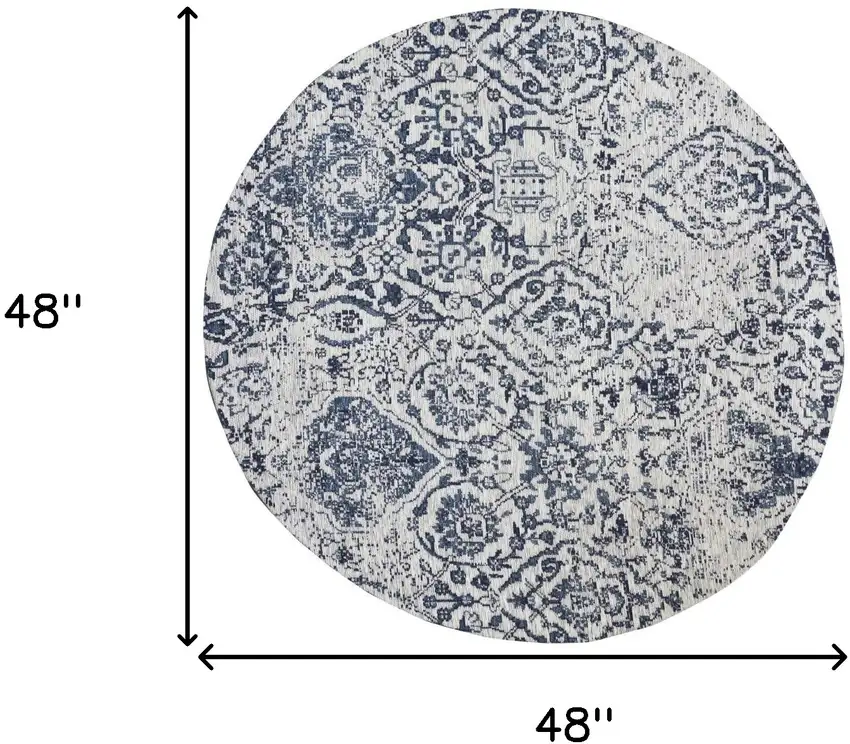 4' Navy Blue and Ivory Damask Distressed Round Rug Photo 3