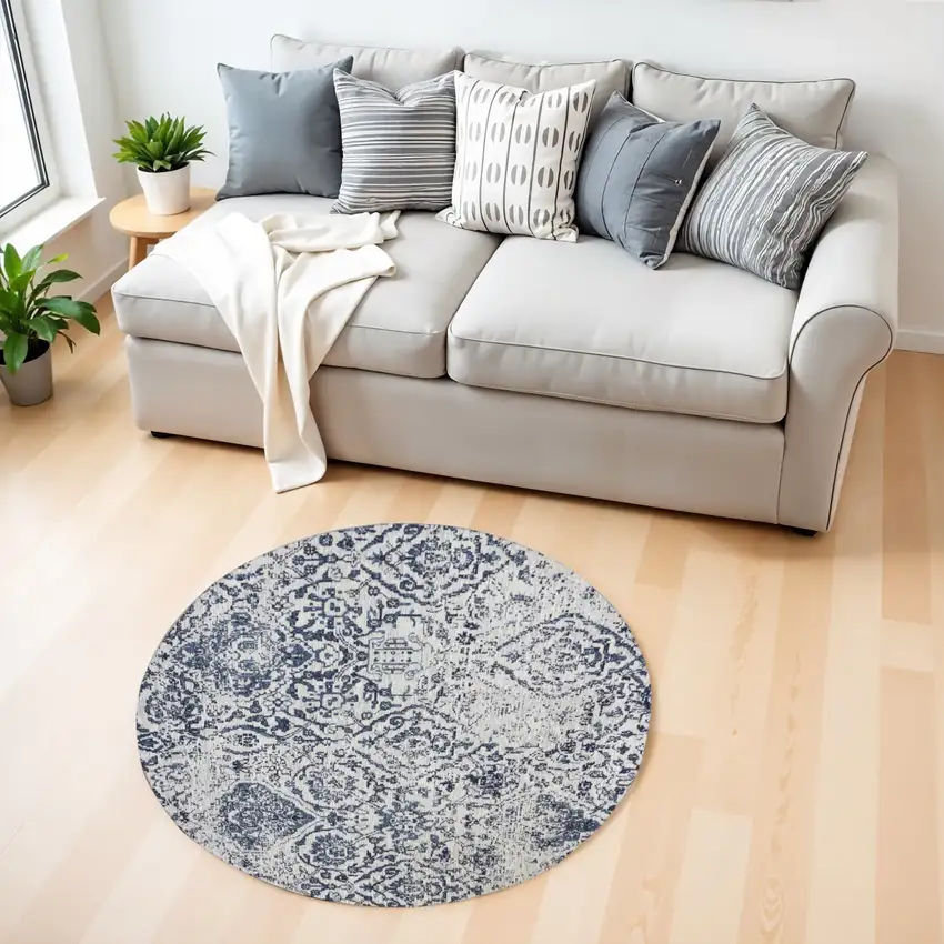 4' Navy Blue and Ivory Damask Distressed Round Rug Photo 1
