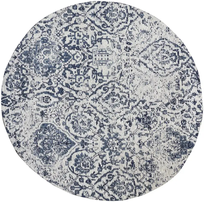 4' Navy Blue and Ivory Damask Distressed Round Rug Photo 2