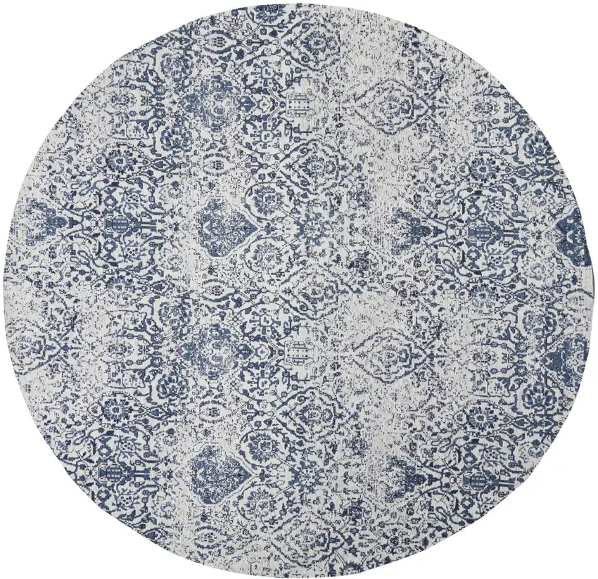 8' Navy Blue and Ivory Damask Distressed Round Rug Photo 4