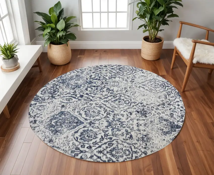 8' Navy Blue and Ivory Damask Distressed Round Rug Photo 1