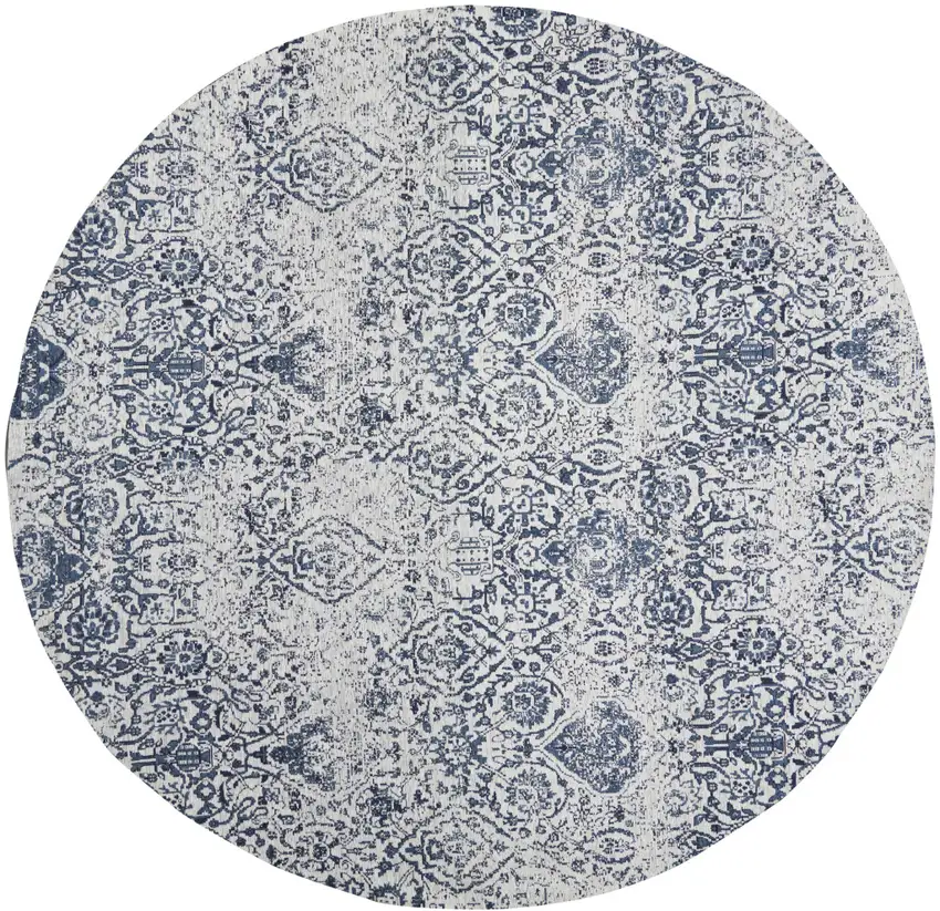 8' Navy Blue and Ivory Damask Distressed Round Rug Photo 2