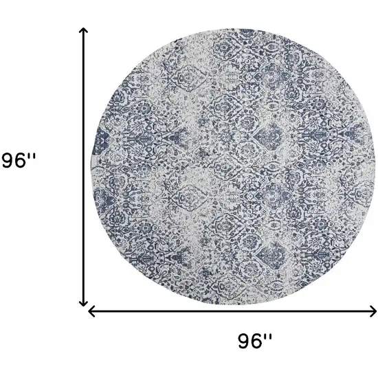 8' Navy Blue and Ivory Damask Distressed Round Rug Photo 3