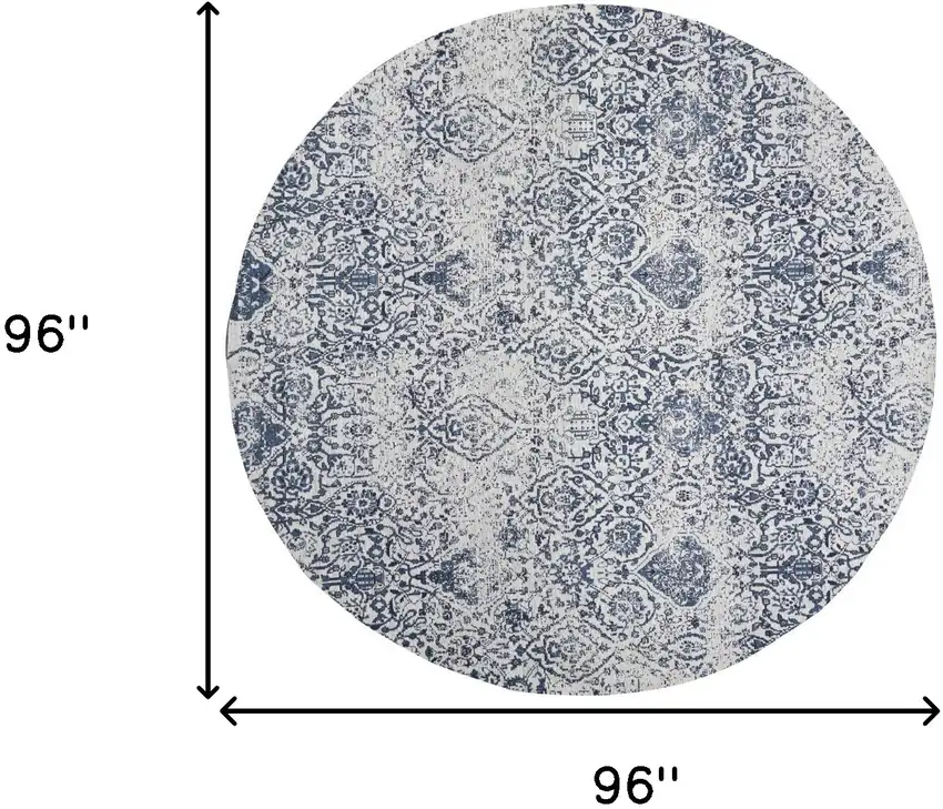 8' Navy Blue and Ivory Damask Distressed Round Rug Photo 3