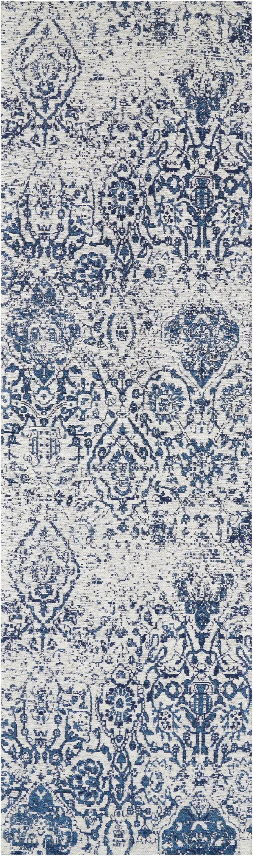 8' Navy Blue and Ivory Damask Distressed Runner Rug Photo 2