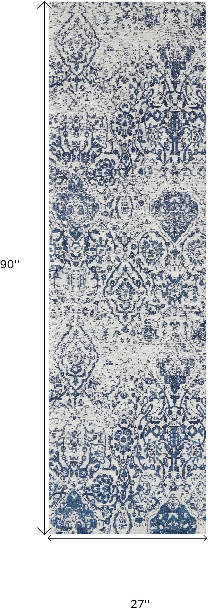 8' Navy Blue and Ivory Damask Distressed Runner Rug Photo 3