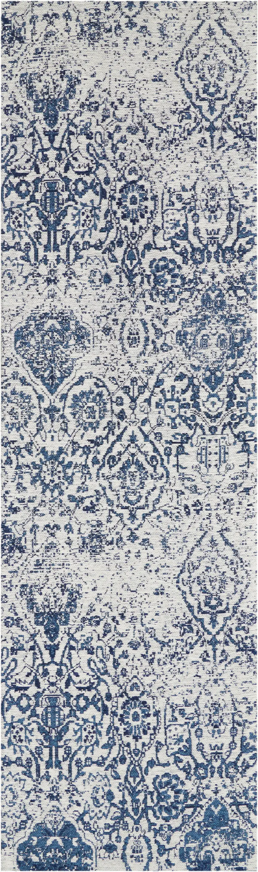 8' Navy Blue and Ivory Damask Distressed Runner Rug Photo 5