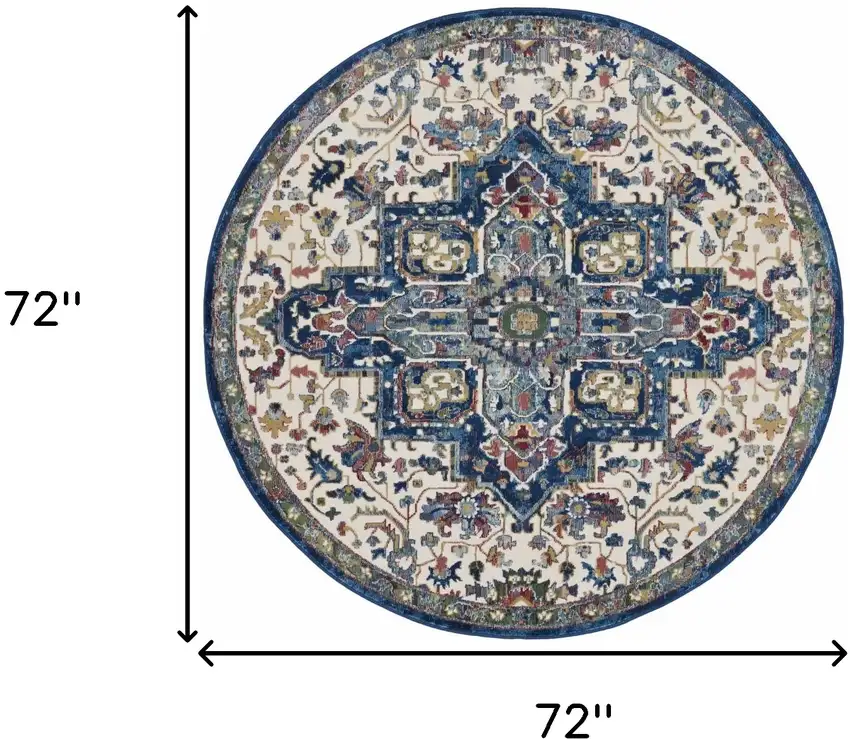 6' Navy Blue and Ivory Floral Medallion Distressed Non Skid Round Rug Photo 3