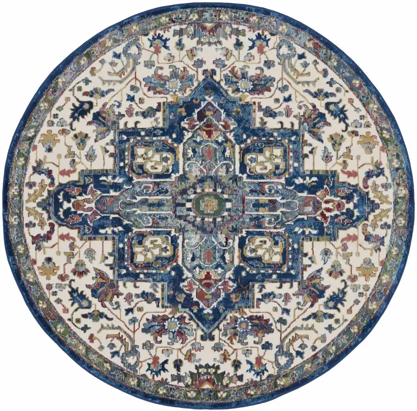 6' Navy Blue and Ivory Floral Medallion Distressed Non Skid Round Rug Photo 2