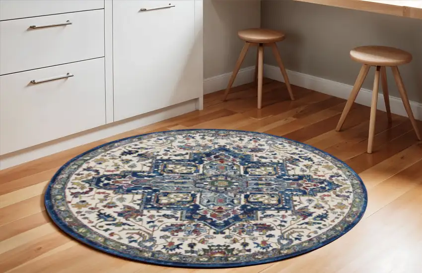 6' Navy Blue and Ivory Floral Medallion Distressed Non Skid Round Rug Photo 1