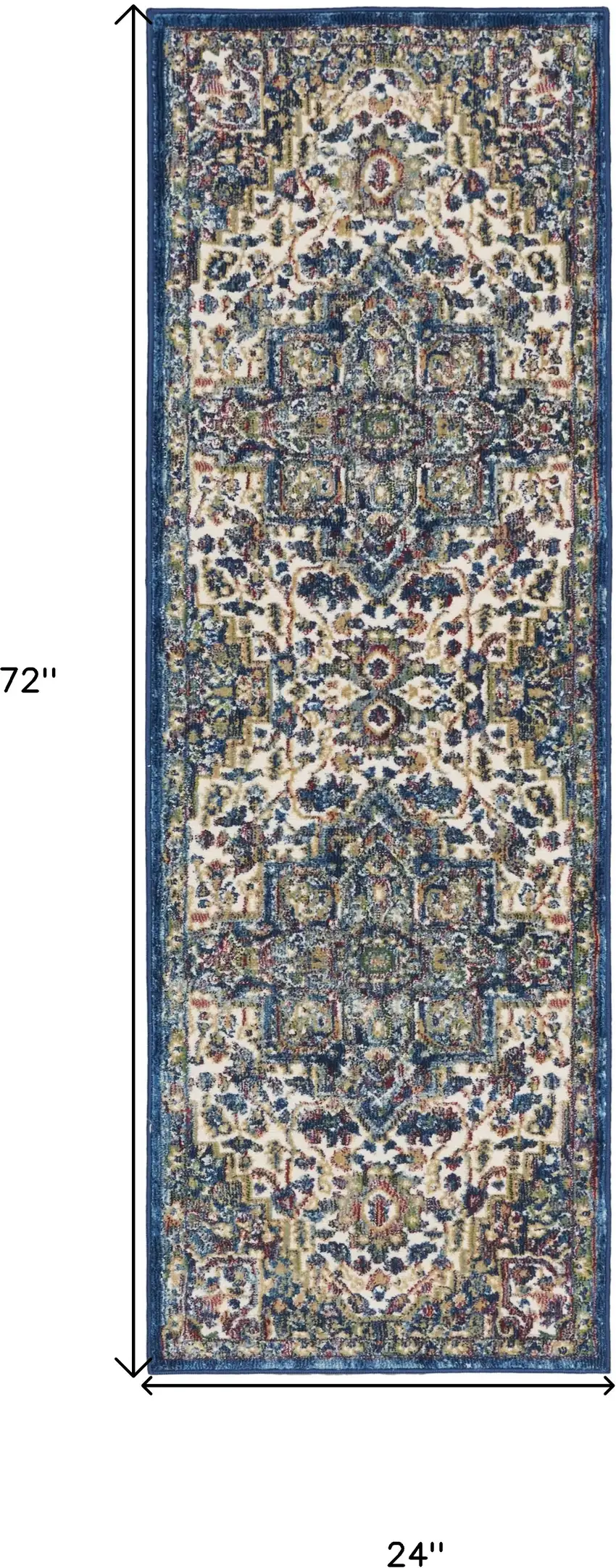 6' Navy Blue and Ivory Floral Medallion Distressed Non Skid Runner Rug Photo 3