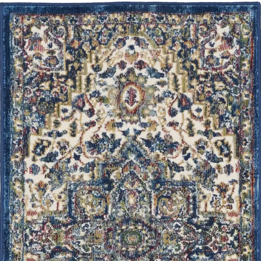 6' Navy Blue and Ivory Floral Medallion Distressed Non Skid Runner Rug Photo 9