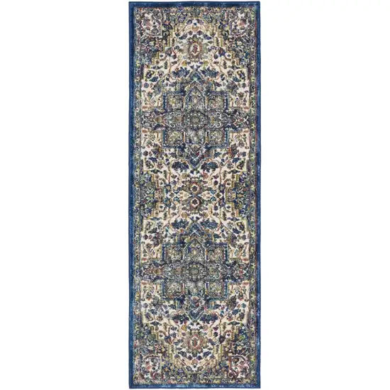 6' Navy Blue and Ivory Floral Medallion Distressed Non Skid Runner Rug Photo 1