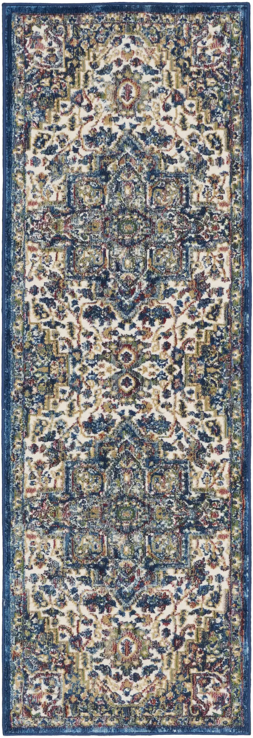 6' Navy Blue and Ivory Floral Medallion Distressed Non Skid Runner Rug Photo 2