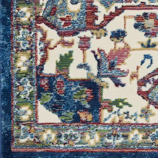 6' Navy Blue and Ivory Floral Medallion Distressed Non Skid Runner Rug Photo 5