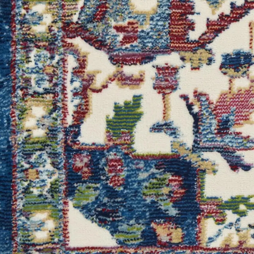 6' Navy Blue and Ivory Floral Medallion Distressed Non Skid Runner Rug Photo 3