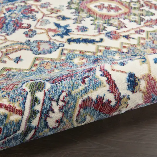 6' Navy Blue and Ivory Floral Medallion Distressed Non Skid Runner Rug Photo 7