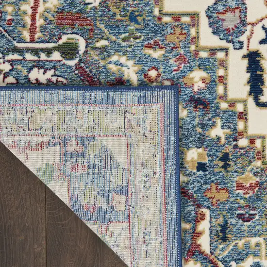 8' Navy Blue and Ivory Floral Medallion Distressed Non Skid Runner Rug Photo 8