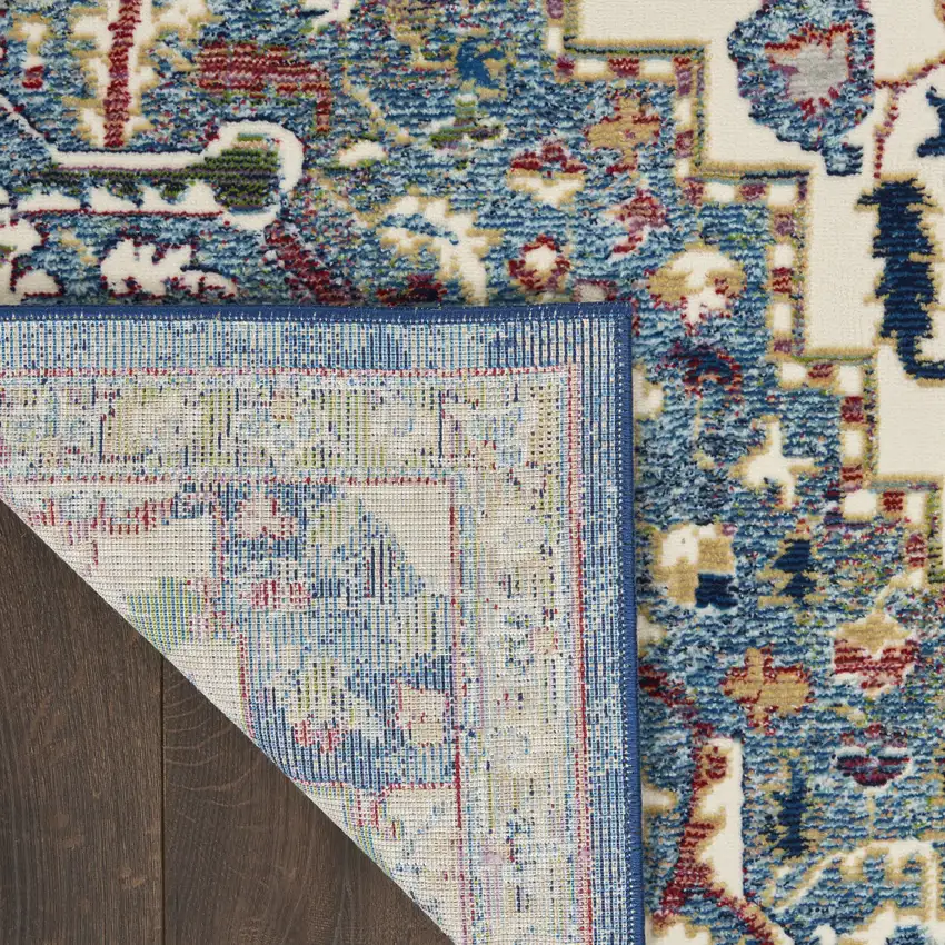 8' Navy Blue and Ivory Floral Medallion Distressed Non Skid Runner Rug Photo 8